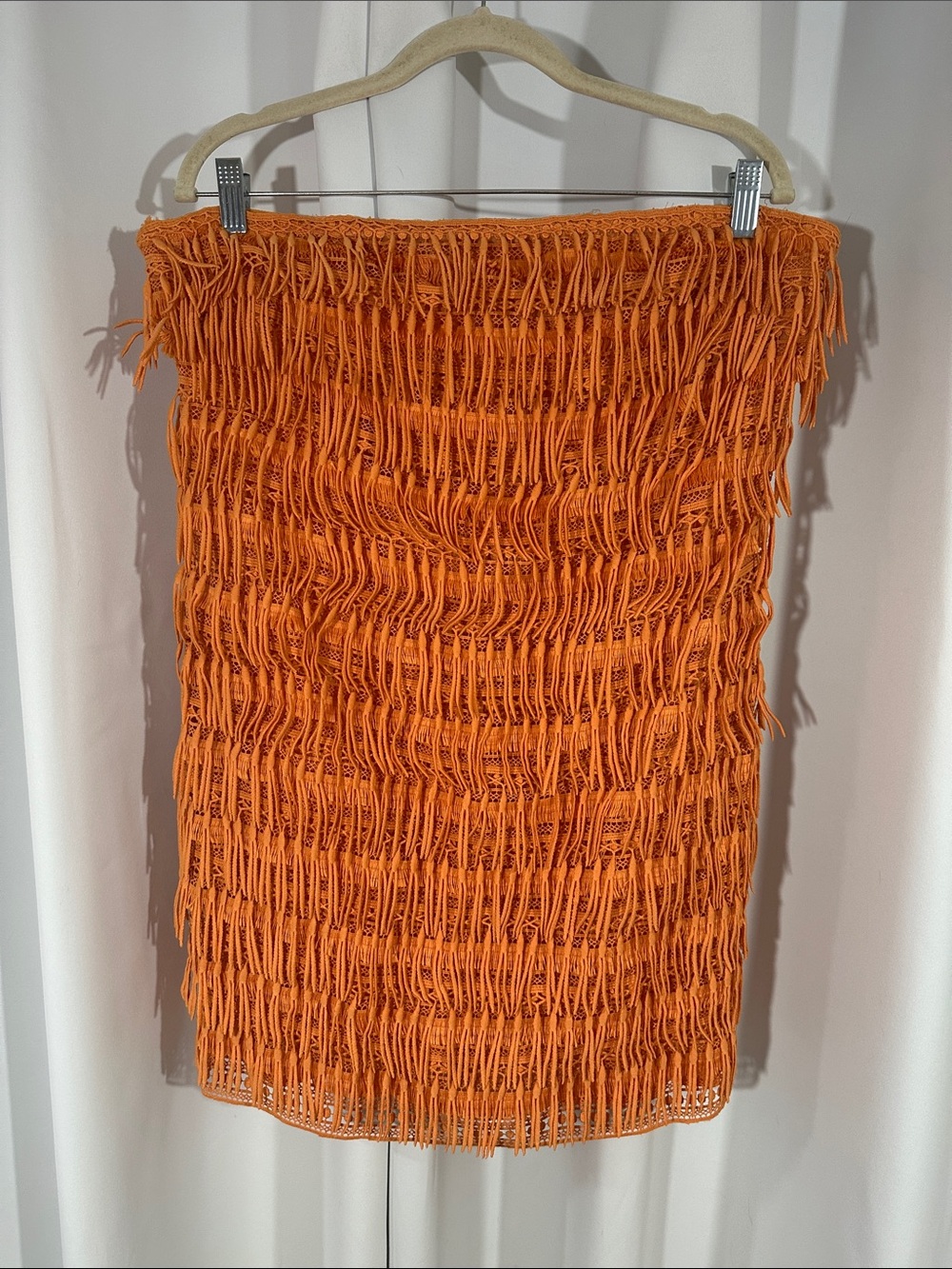 NWT Anthropologie Let Me Be Fringe Strapless Mini Dress Large Orange Textured